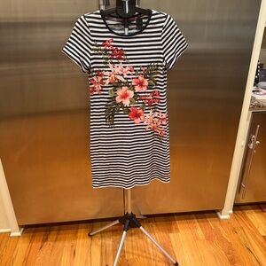 Tommy Bahama Black and White Striped Mini Dress with Floral Design